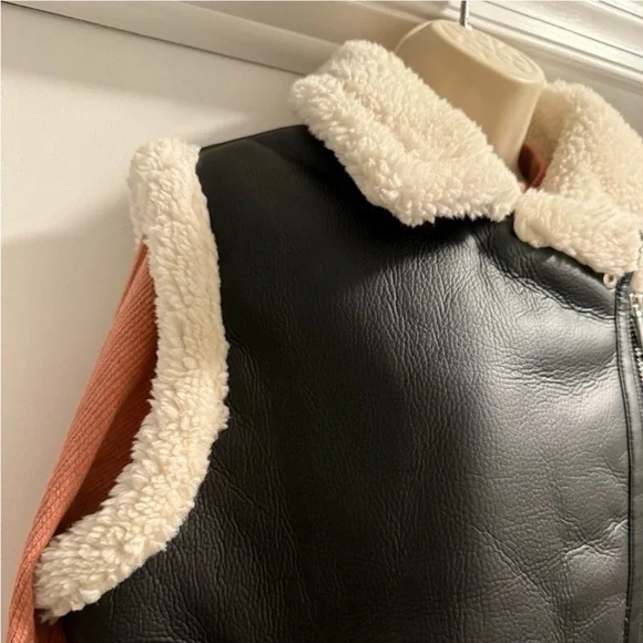 Sanctuary Black Cream Faux Sherpa Trimmed Vegan Leather Vest Medium - Picture 3 of 14